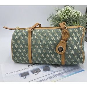 Authenticated Dooney & Bourke Signature DB Green and Tan Barrel Bag Purse Canvas